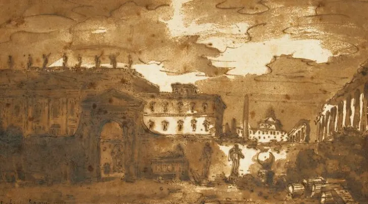 Boutiques de musées Panneaux Acryliques|Toiles Encadrées-A Rome : intérieur d'une cour où sont déposés des fragments d'antiques (panneaux acryliques)