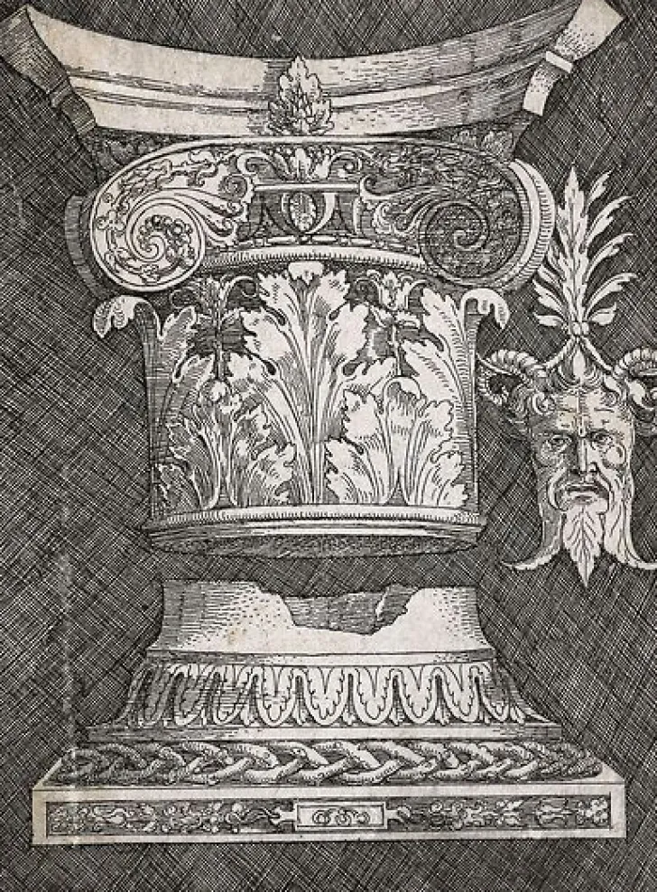 Boutiques de musées Panneaux Aluminium|Panneaux Acryliques-Base et chapiteau de colonne avec un ornement en forme de masque (panneaux aluminium)