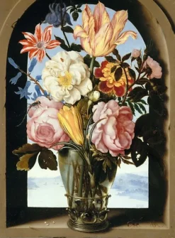 Boutiques de musées Panneaux Aluminium|Panneaux Acryliques-Bouquet de fleurs dans une armature de pierre s'ouvrant sur un paysage (panneaux aluminium)