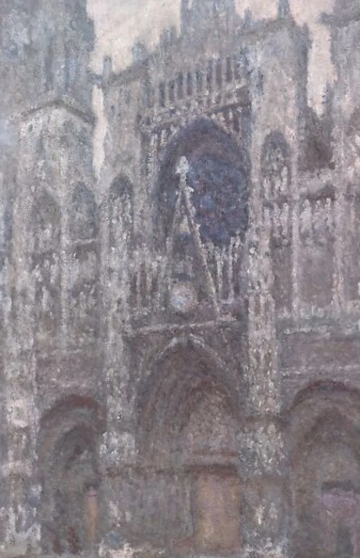 Boutiques de musées Cathédrale de Rouen, le portail, temps gris, harmonie grise (panneaux aluminium)