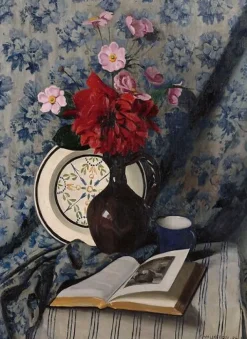 Boutiques de musées Toiles Encadrées|Toiles Sans Cadre-Dahlias rouges et livre ouvert (toiles encadrées)