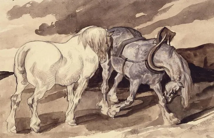 Online Boutiques de musées Deux chevaux de charrette dételés (toiles sans cadre)