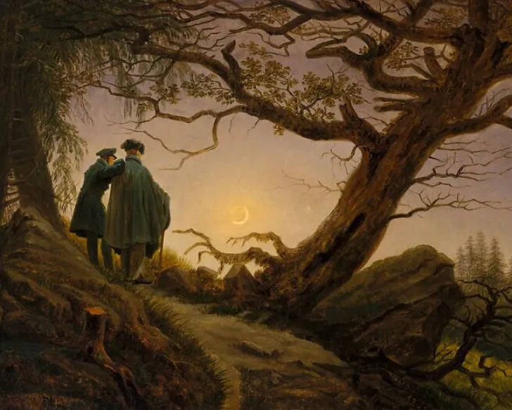 Boutiques de musées Panneaux Acryliques|Toiles Encadrées-Deux hommes contemplant la Lune (panneaux acryliques)