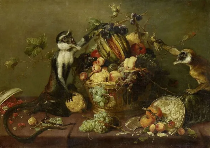 Boutiques de musées Panneaux Acryliques|Toiles Encadrées-Deux singes pillant une corbeille de fruits (panneaux acryliques)