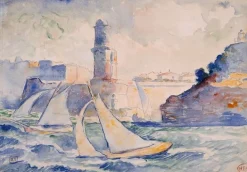 Boutiques de musées Entrée d'un port (Antibes) avec au premier plan deux voiliers et à l'arrière plan un phare (panneaux aluminium)