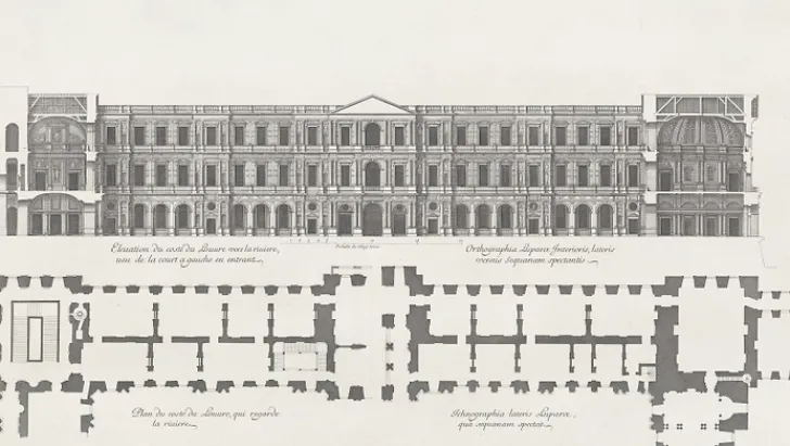 New Boutiques de musées Estampe Plan et élévation du côté du Louvre qui regarde la rivière, vue de la cour à gauche en entrant - Jean Marot