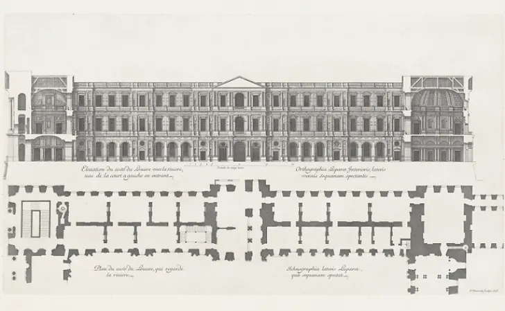 New Boutiques de musées Estampe Plan et élévation du côté du Louvre qui regarde la rivière, vue de la cour à gauche en entrant - Jean Marot