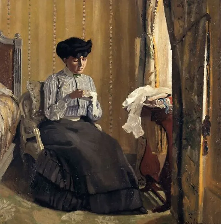 Discount Boutiques de musées Femme cousant dans un intérieur (panneaux aluminium)