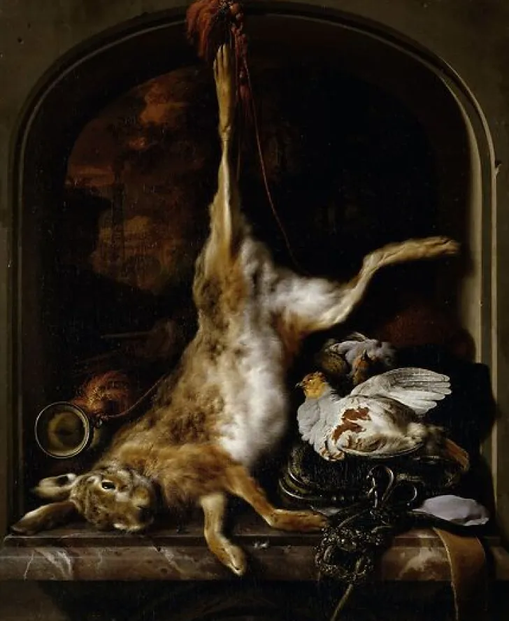 Boutiques de musées Panneaux Aluminium|Toiles Encadrées-Gibier et ustensiles de chasse disposés sur le rebord d'une fenêtre (panneaux aluminium)