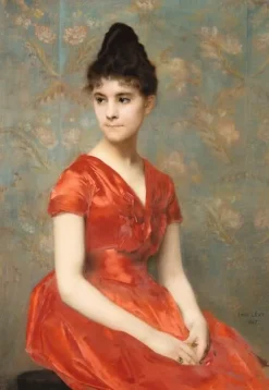 Online Boutiques de musées Jeune fille en robe rouge sur fond de fleurs (panneaux acryliques)