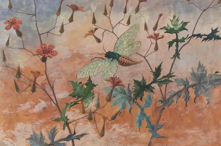 Boutiques de musées Panneaux Acryliques|Toiles Encadrées-Modèle de décor pour la faïence : cigale volant au milieu de prenanthes (panneaux acryliques)