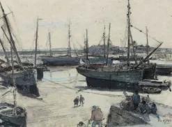 Hot Boutiques de musées Navires de pêche échoués sur la grève, avec plusieurs marins sur une jetée (panneaux acryliques)