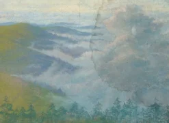 Discount Boutiques de musées Paysage de montagne avec sapins au premier plan et brume (panneaux aluminium)