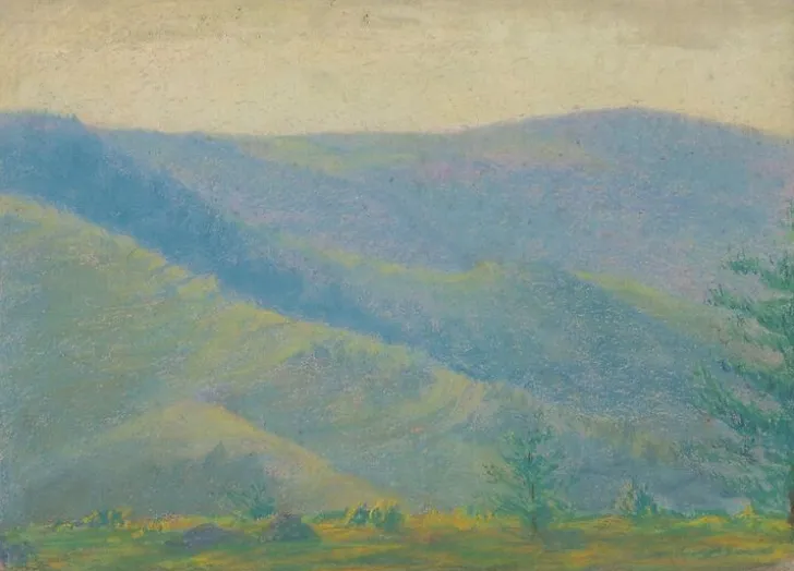 Boutiques de musées Panneaux Acryliques|Toiles Encadrées-Paysage de montagne avec sapins au premier plan (panneaux acryliques)