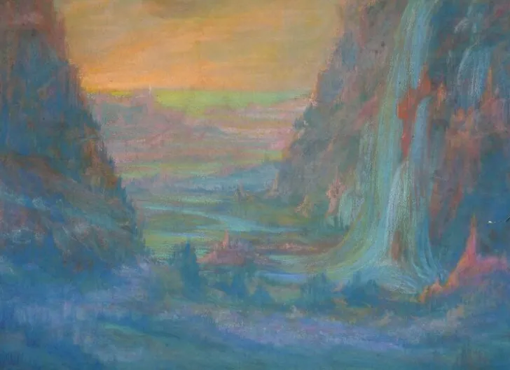 Clearance Boutiques de musées Paysage de montagne avec cascade au soleil couchant (panneaux aluminium)