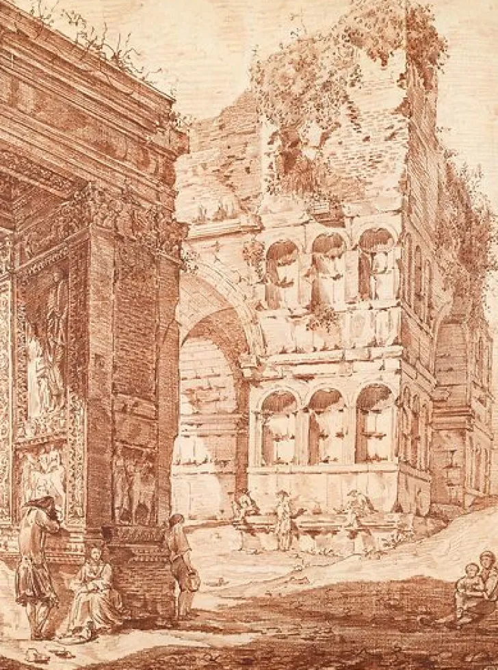 Boutiques de musées Panneaux Aluminium|Panneaux Acryliques-Plusieurs personnes parmi des ruines antiques (panneaux aluminium)