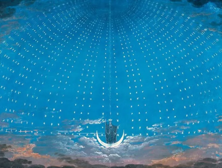 Boutiques de musées Projet de décor de scène : La Flûte enchantée (1er acte), la voûte etoilée de la reine de la nuit (panneaux aluminium)