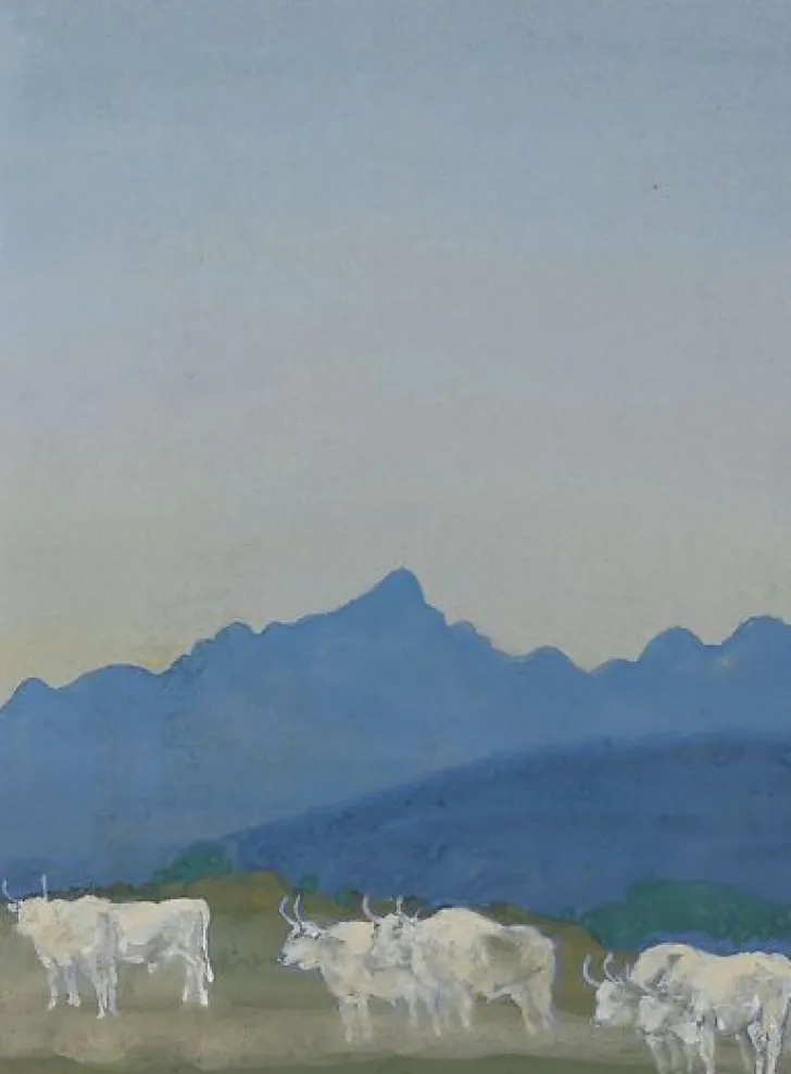 Boutiques de musées Panneaux Aluminium|Toiles Encadrées-Trois couples de taureaux blancs sur fond de montagnes (panneaux aluminium)