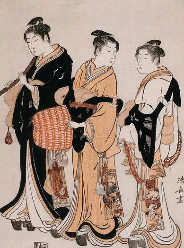 Boutiques de musées Panneaux Aluminium|Panneaux Acryliques-Trois jeunes femmes déguisées en Komuso (ménestrel ambulant) (panneaux aluminium)