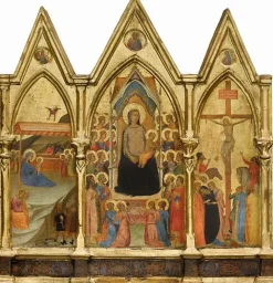 Boutiques de musées Panneaux Aluminium|Panneaux Acryliques-Tryptique fixe. Au centre : La Vierge et l'Enfant entourés de vingt anges et de quatre saints (Jean-Baptiste, Pierre, Paul et Laurent [']), à gauche : La Nativité, à droite : La Crucifixion (panneaux aluminium)