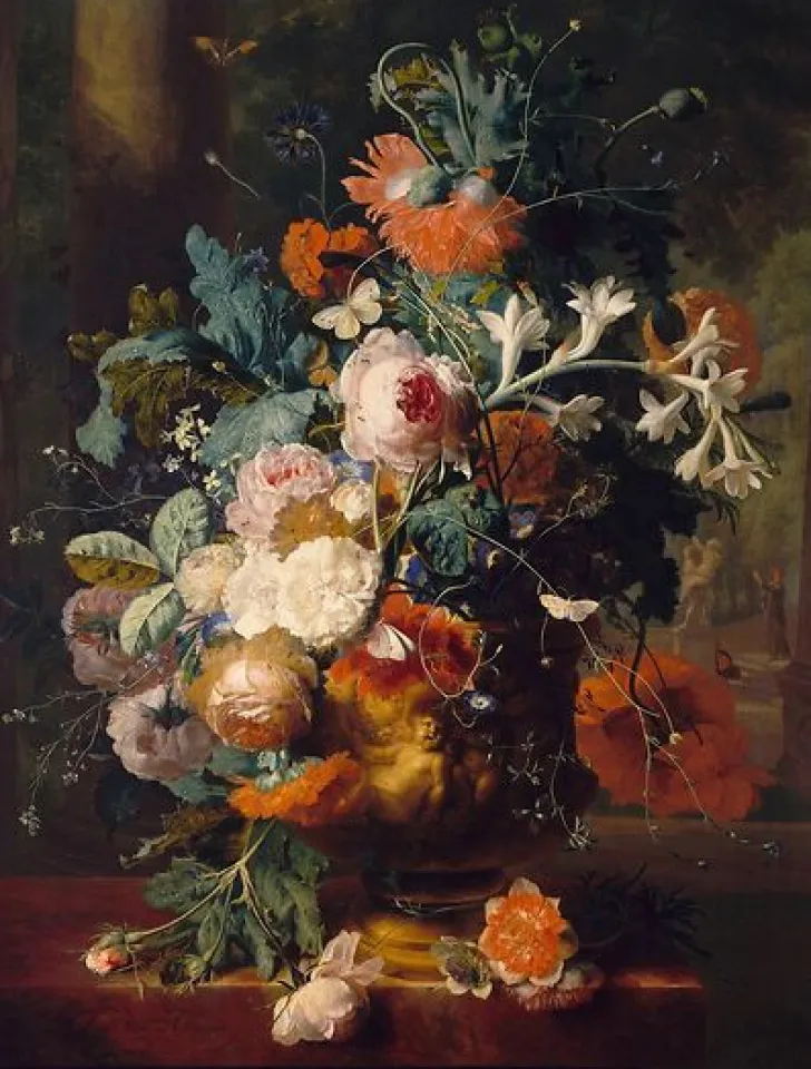 Boutiques de musées Panneaux Aluminium|Toiles Sur Châssis-Vase de fleurs sur fond de parc avec statue (panneaux aluminium)